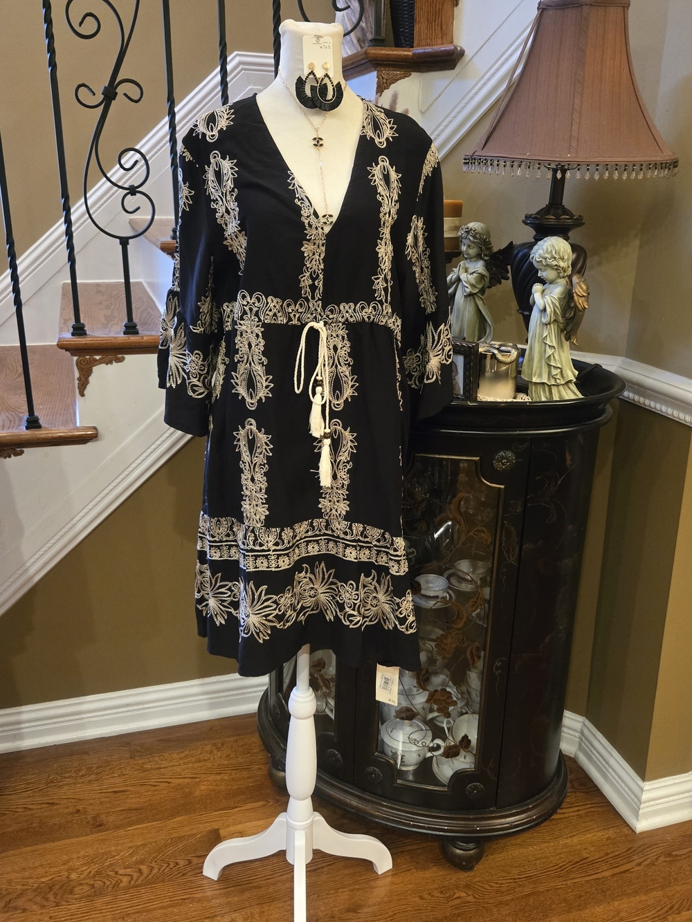 Black V-Neck Embroidered Drawstring Dress
